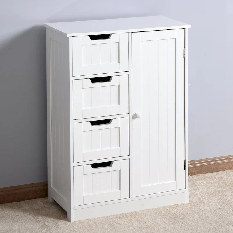Meuble de rangement de salle de bain blanc, meuble bas avec étagère réglable et tiroirs
