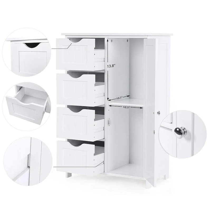 Meuble de rangement de salle de bain blanc, meuble bas avec étagère réglable et tiroirs