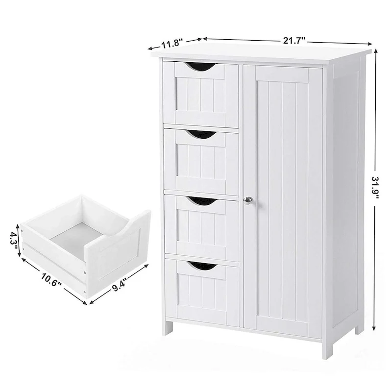 Meuble de rangement de salle de bain blanc, meuble bas avec étagère réglable et tiroirs