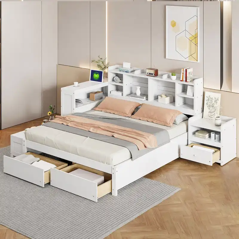 Lit Plateforme Double en Bois avec Rangement, Table de Chevet, Bureau, Ports USB et 2 Tiroirs, Blanc