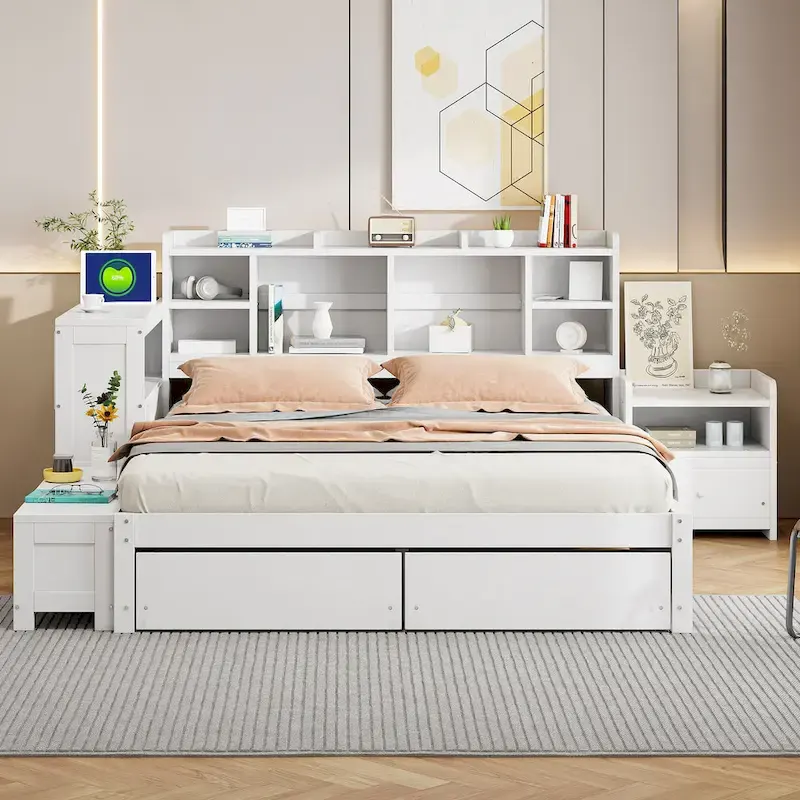 Lit Plateforme Double en Bois avec Rangement, Table de Chevet, Bureau, Ports USB et 2 Tiroirs, Blanc