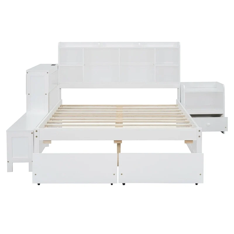 Lit Plateforme Double en Bois avec Rangement, Table de Chevet, Bureau, Ports USB et 2 Tiroirs, Blanc