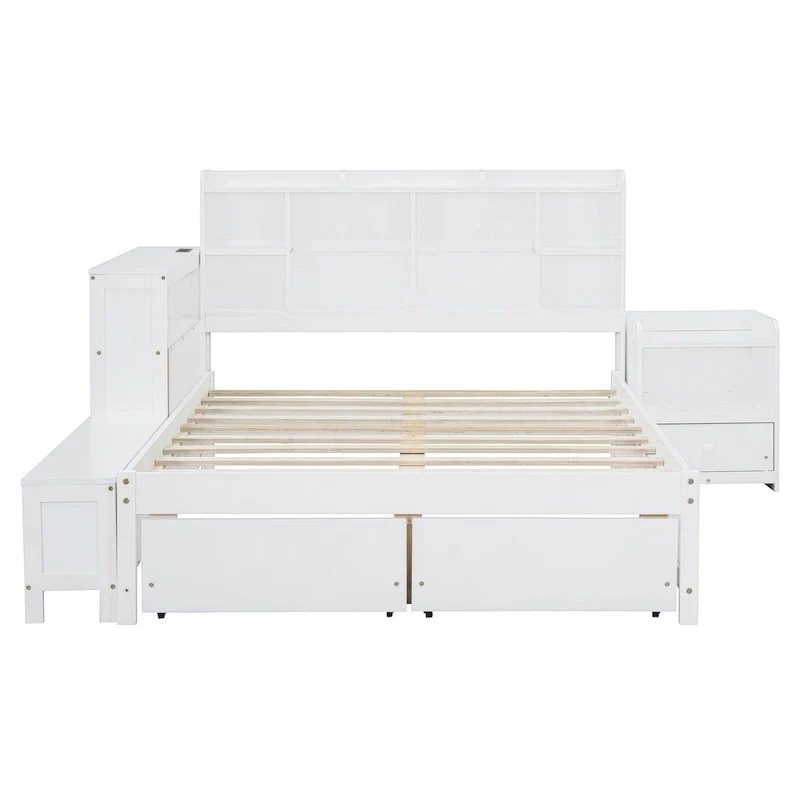 Lit Plateforme Double en Bois avec Rangement, Table de Chevet, Bureau, Ports USB et 2 Tiroirs, Blanc