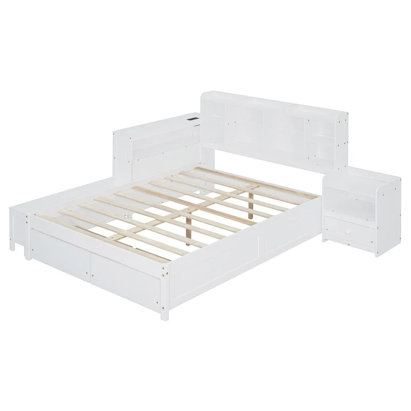 Lit Plateforme Double en Bois avec Rangement, Table de Chevet, Bureau, Ports USB et 2 Tiroirs, Blanc
