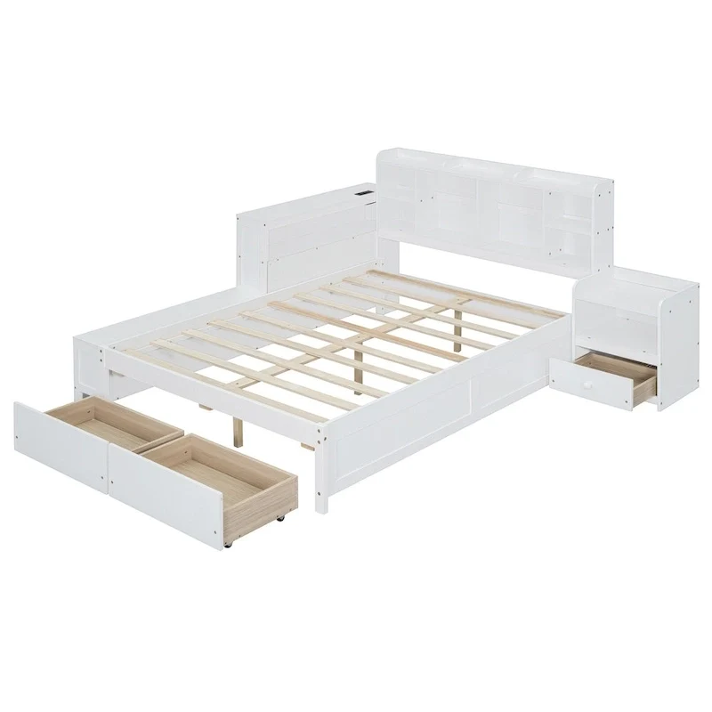Lit Plateforme Double en Bois avec Rangement, Table de Chevet, Bureau, Ports USB et 2 Tiroirs, Blanc