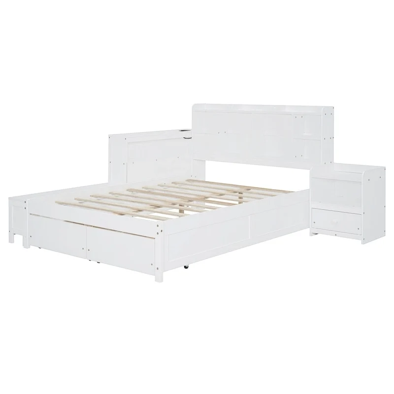 Lit Plateforme Double en Bois avec Rangement, Table de Chevet, Bureau, Ports USB et 2 Tiroirs, Blanc