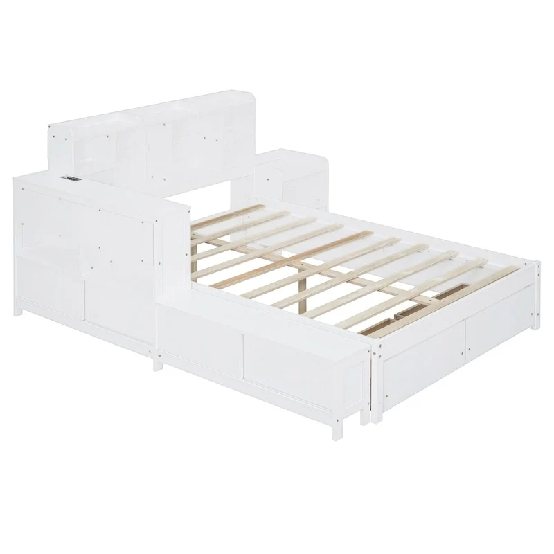 Lit Plateforme Double en Bois avec Rangement, Table de Chevet, Bureau, Ports USB et 2 Tiroirs, Blanc