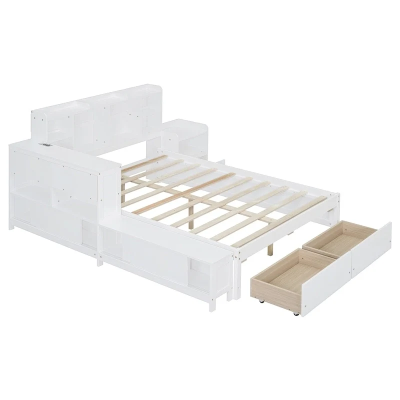 Lit Plateforme Double en Bois avec Rangement, Table de Chevet, Bureau, Ports USB et 2 Tiroirs, Blanc