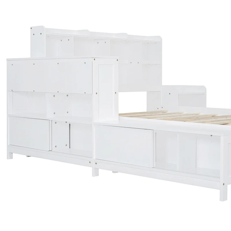 Lit Plateforme Double en Bois avec Rangement, Table de Chevet, Bureau, Ports USB et 2 Tiroirs, Blanc