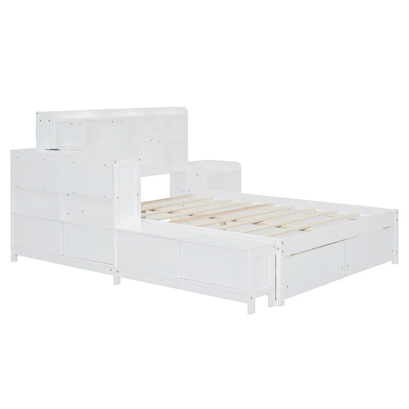 Lit Plateforme Double en Bois avec Rangement, Table de Chevet, Bureau, Ports USB et 2 Tiroirs, Blanc
