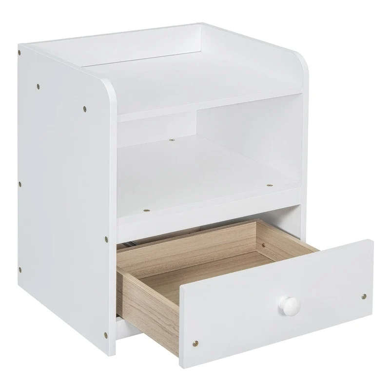 Lit Plateforme Double en Bois avec Rangement, Table de Chevet, Bureau, Ports USB et 2 Tiroirs, Blanc