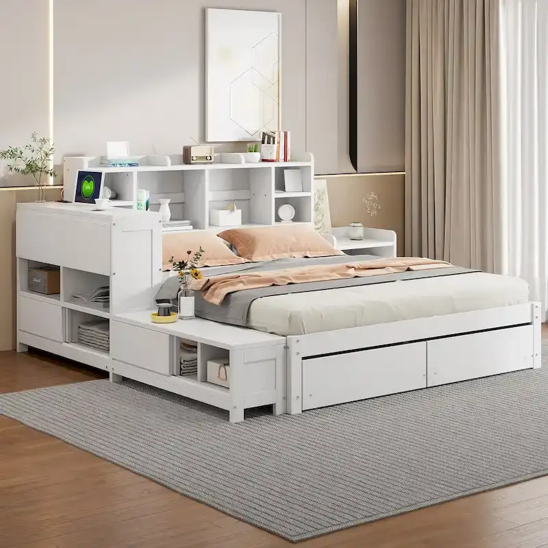 Lit Plateforme Double en Bois avec Rangement, Table de Chevet, Bureau, Ports USB et 2 Tiroirs, Blanc