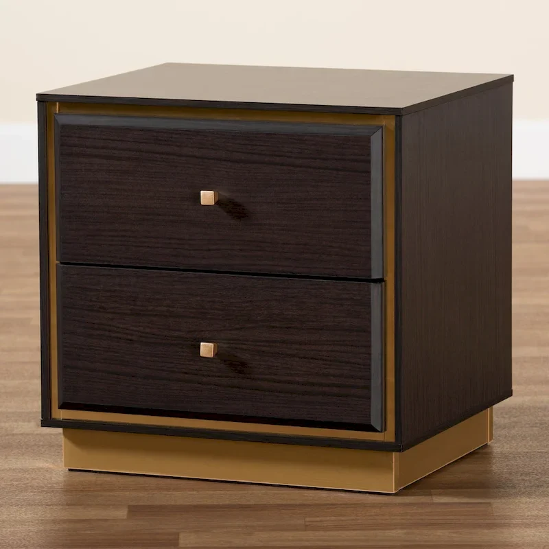 Table de chevet transitionnelle 2 tiroirs bois/métal – Noyer/Brun foncé