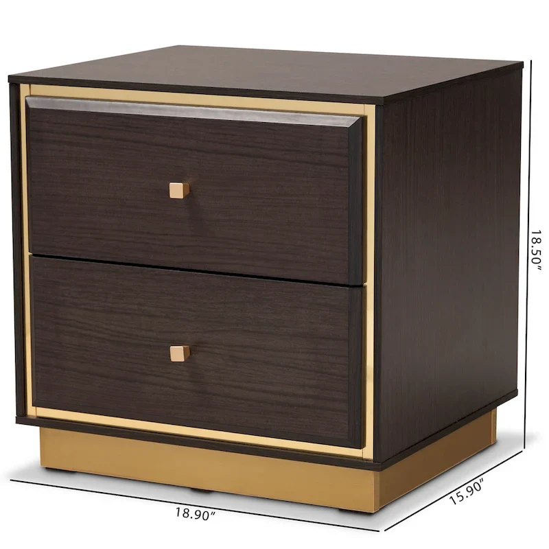 Table de chevet transitionnelle 2 tiroirs bois/métal – Noyer/Brun foncé