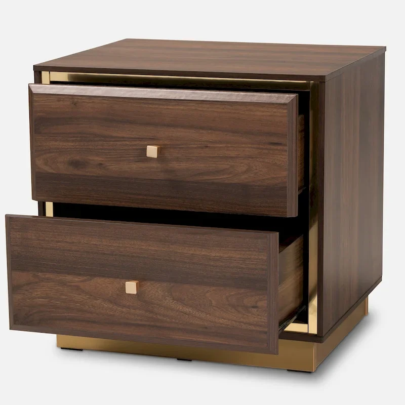 Table de chevet transitionnelle 2 tiroirs bois/métal – Noyer/Brun foncé