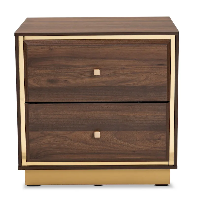 Table de chevet transitionnelle 2 tiroirs bois/métal – Noyer/Brun foncé