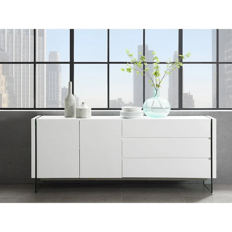 Bahut laqué blanc brillant avec verre clair.