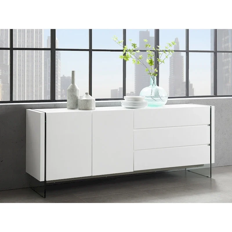 Bahut laqué blanc brillant avec verre clair.