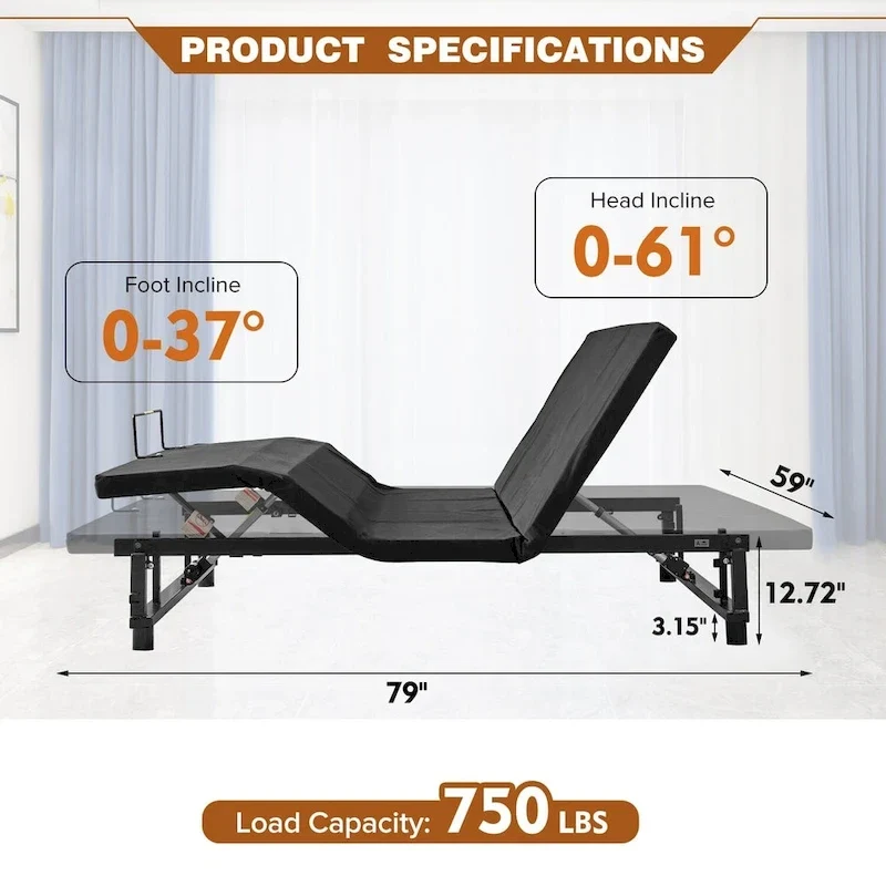 Cadre de lit ajustable Queen avec inclinaison tête et pieds, télécommande sans fil, gravité zéro