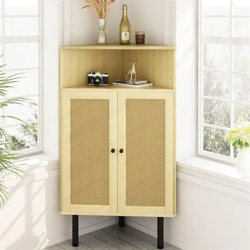 Meuble d'angle 4 niveaux avec portes Étagères en rotin Meuble de rangement autoportant pour bar - 22,25P x 15,75L x 39,56H