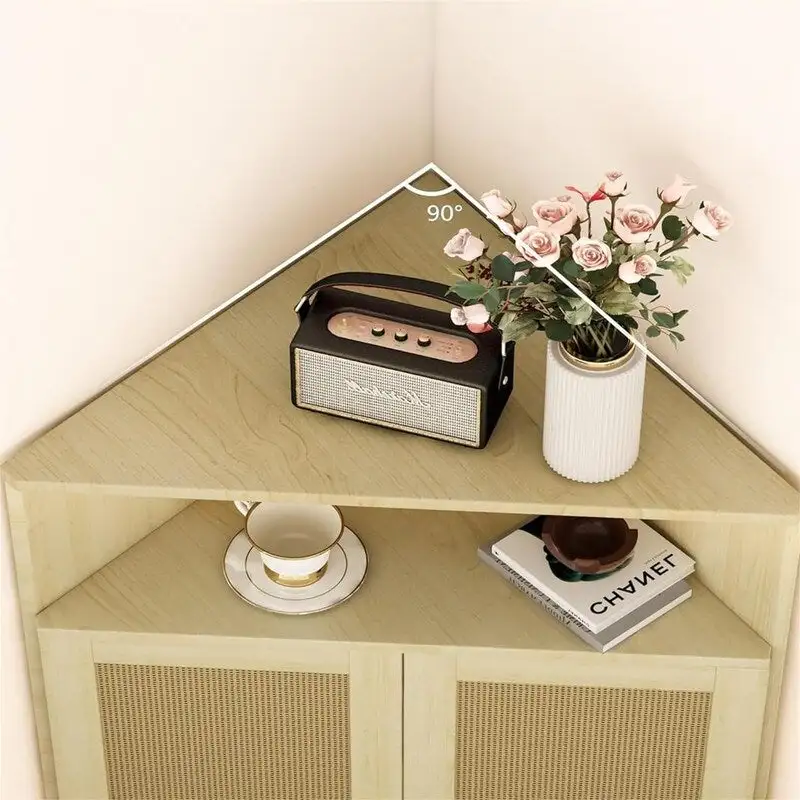 Meuble d'angle 4 niveaux avec portes Étagères en rotin Meuble de rangement autoportant pour bar - 22,25P x 15,75L x 39,56H