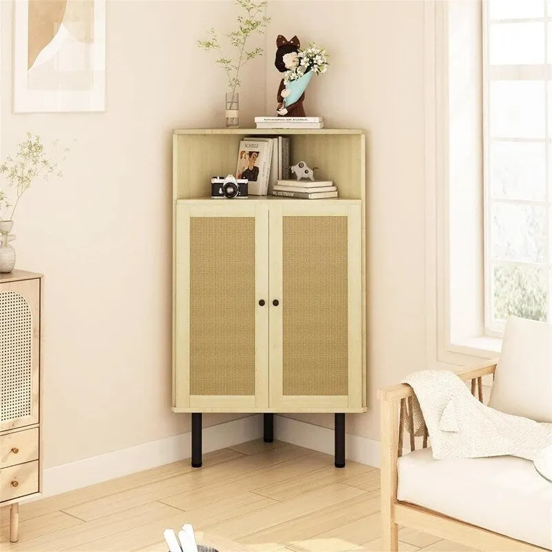 Meuble d'angle 4 niveaux avec portes Étagères en rotin Meuble de rangement autoportant pour bar - 22,25P x 15,75L x 39,56H