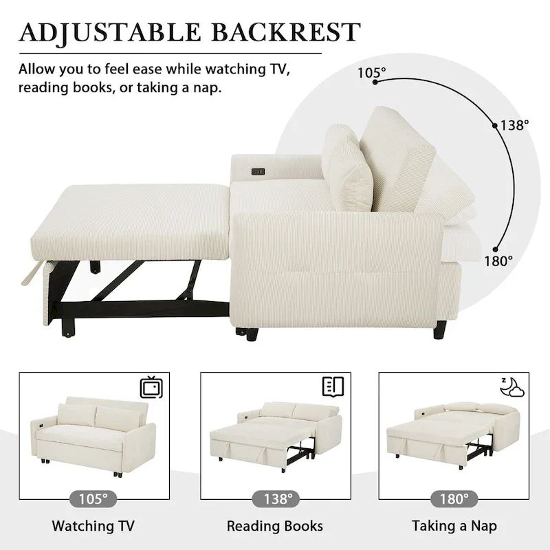 Canapé-lit convertible 2 places avec coussins décoratifs et ports USB, canapé-lit moderne, beige