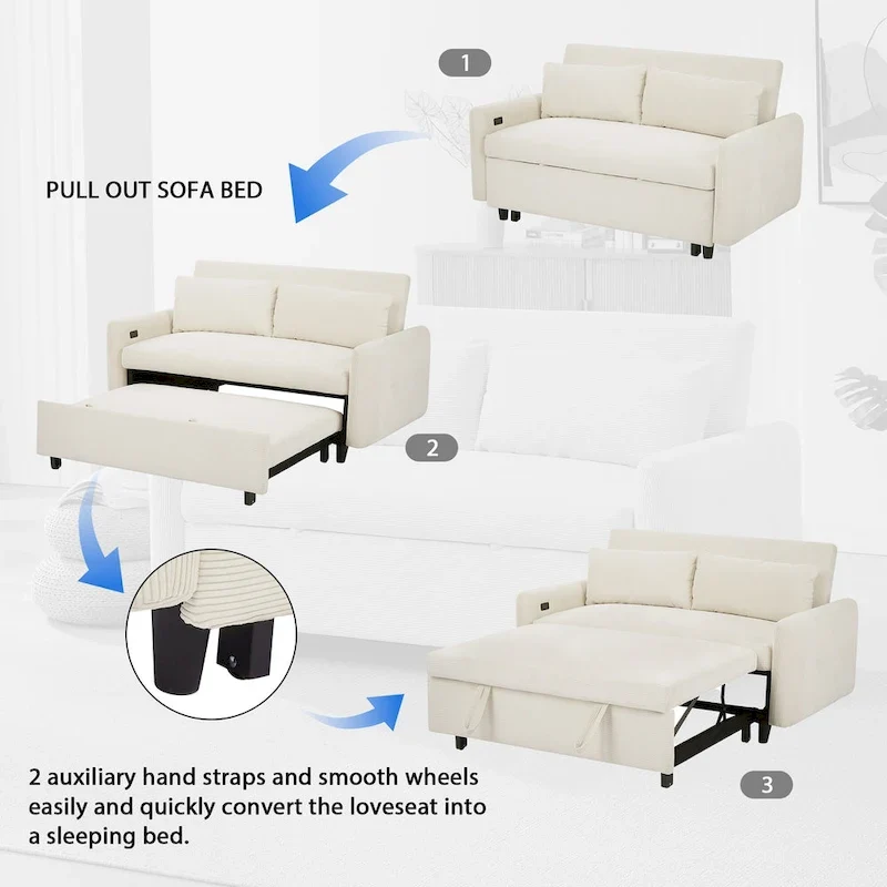 Canapé-lit convertible 2 places avec coussins décoratifs et ports USB, canapé-lit moderne, beige