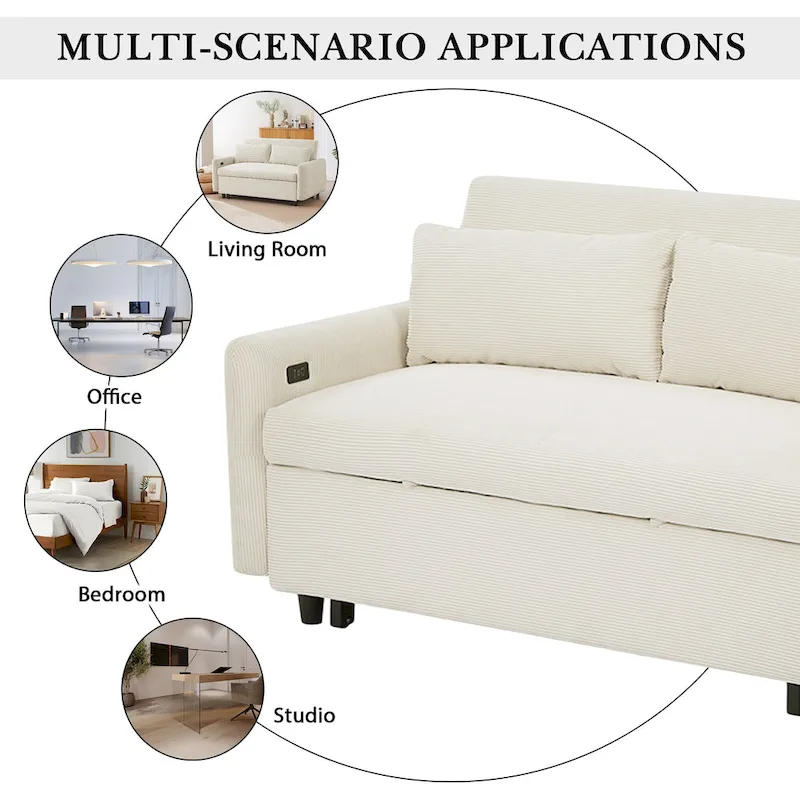 Canapé-lit convertible 2 places avec coussins décoratifs et ports USB, canapé-lit moderne, beige