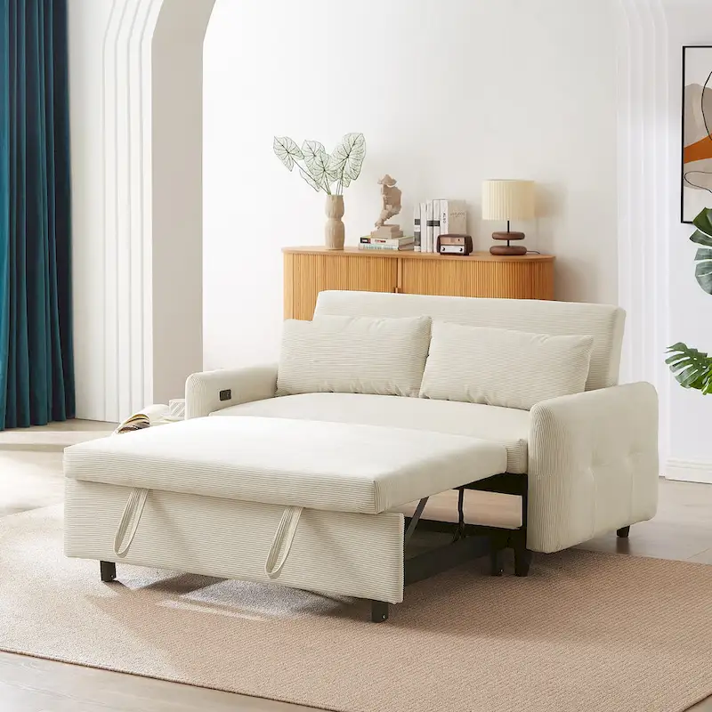 Canapé-lit convertible 2 places avec coussins décoratifs et ports USB, canapé-lit moderne, beige