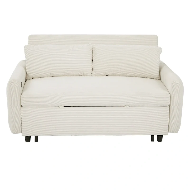 Canapé-lit convertible 2 places avec coussins décoratifs et ports USB, canapé-lit moderne, beige