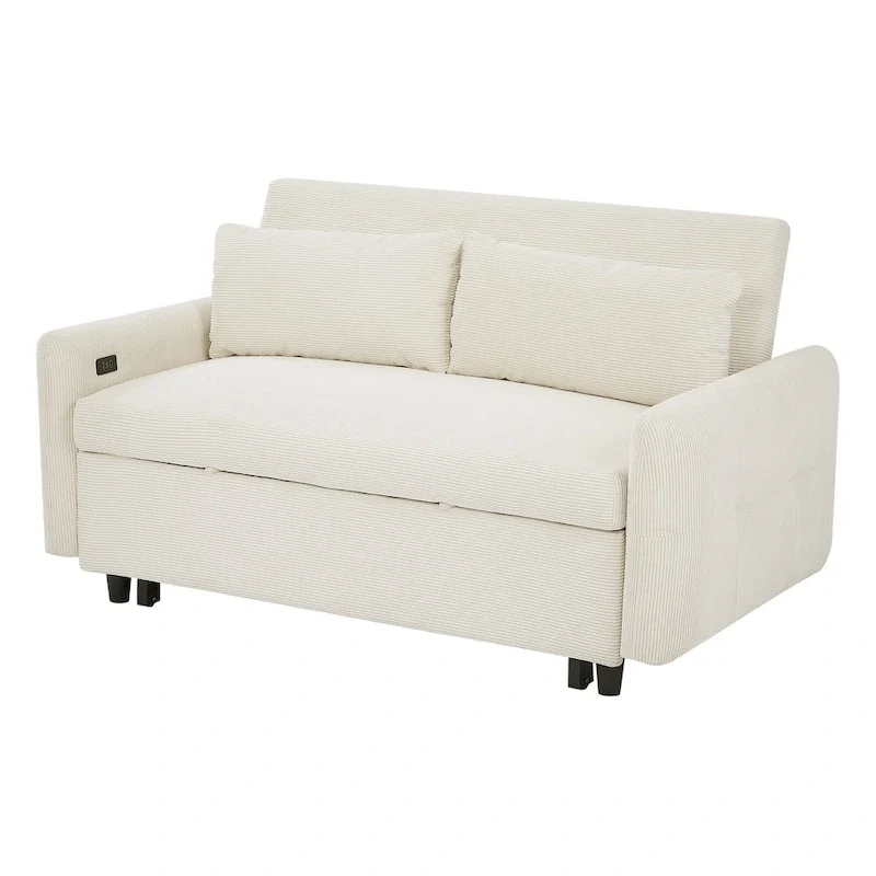 Canapé-lit convertible 2 places avec coussins décoratifs et ports USB, canapé-lit moderne, beige