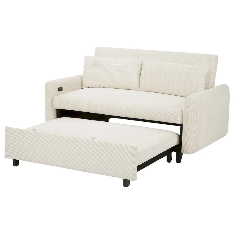 Canapé-lit convertible 2 places avec coussins décoratifs et ports USB, canapé-lit moderne, beige