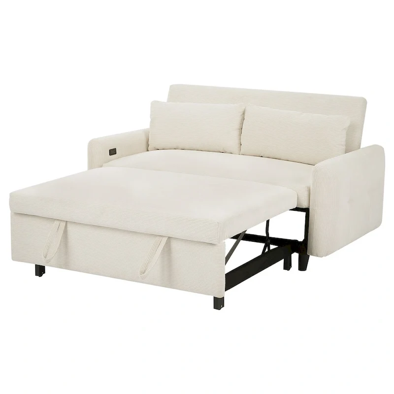 Canapé-lit convertible 2 places avec coussins décoratifs et ports USB, canapé-lit moderne, beige