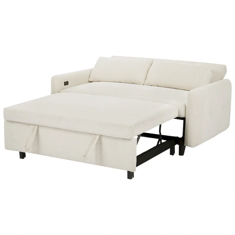 Canapé-lit convertible 2 places avec coussins décoratifs et ports USB, canapé-lit moderne, beige