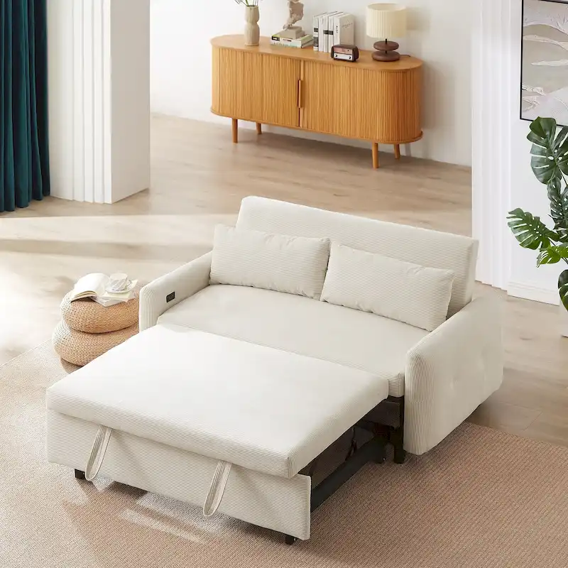 Canapé-lit convertible 2 places avec coussins décoratifs et ports USB, canapé-lit moderne, beige