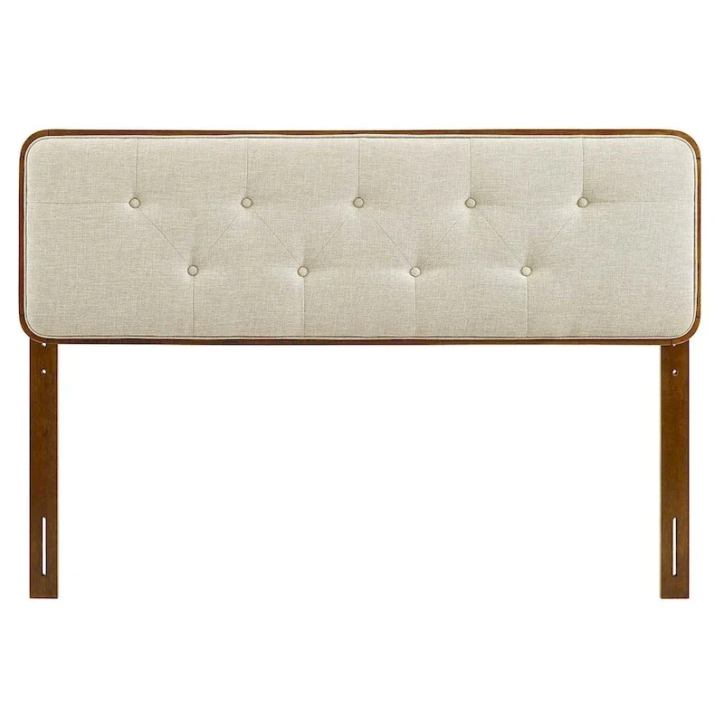 Tête de lit capitonnée en tissu beige traditionnel avec cadre en bois de noyer King size