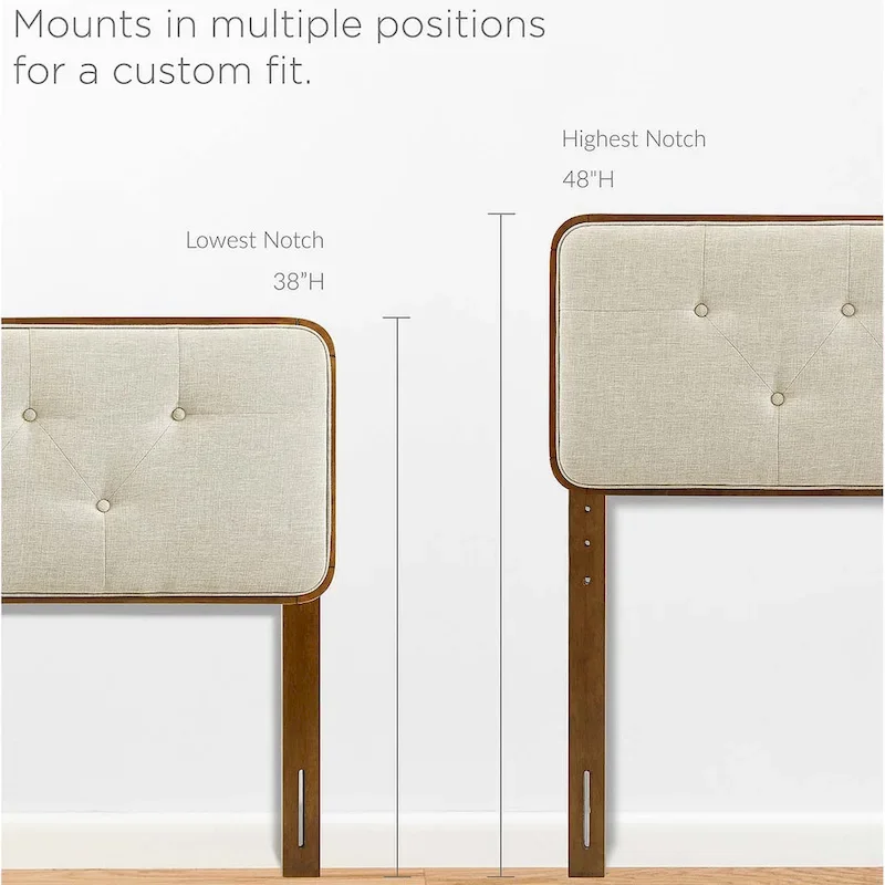 Tête de lit capitonnée en tissu beige traditionnel avec cadre en bois de noyer King size