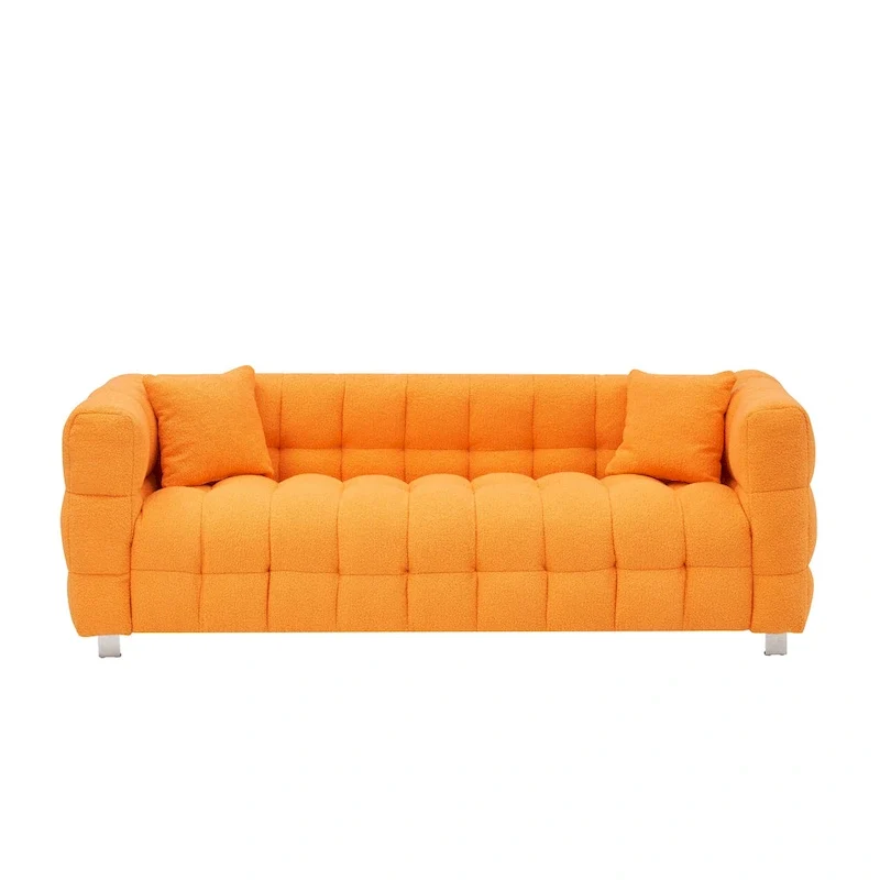 Canapé 3 places orange 80 avec deux coussins et pieds robustes en métal