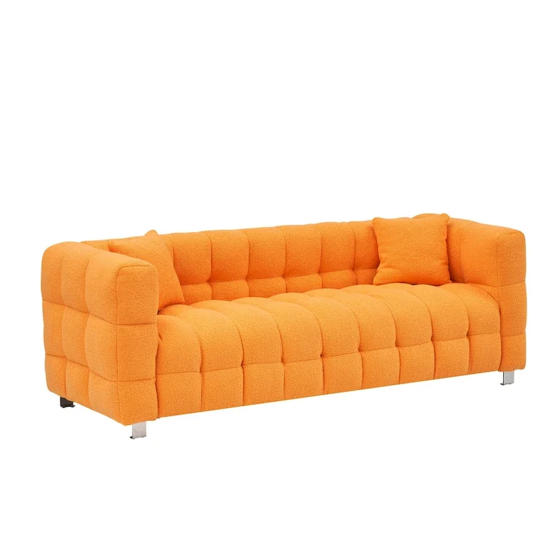 Canapé 3 places orange 80 avec deux coussins et pieds robustes en métal