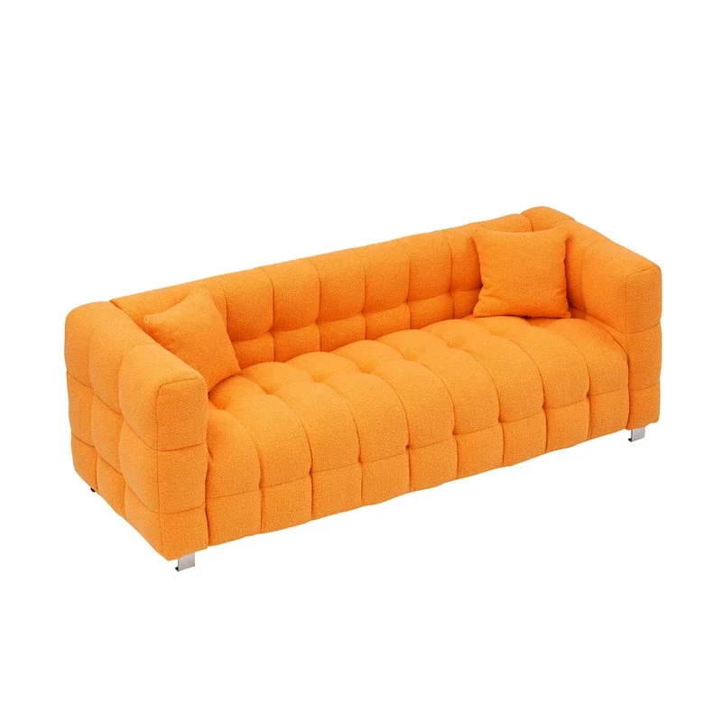 Canapé 3 places orange 80 avec deux coussins et pieds robustes en métal