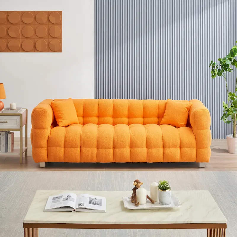Canapé 3 places orange 80 avec deux coussins et pieds robustes en métal