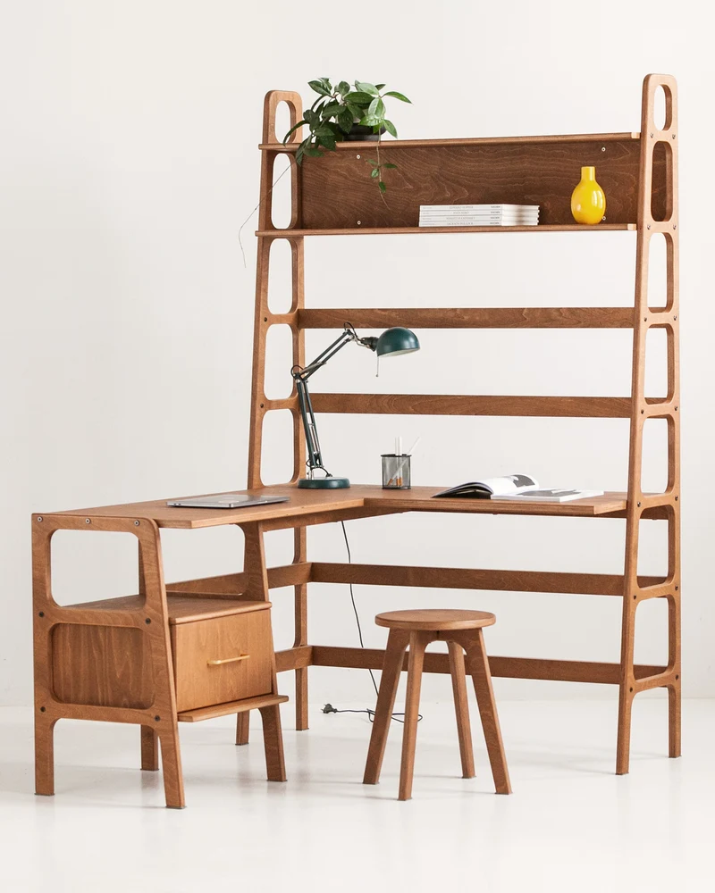 Mid-Century L-Shape Desk with Bookcase · 190 cm