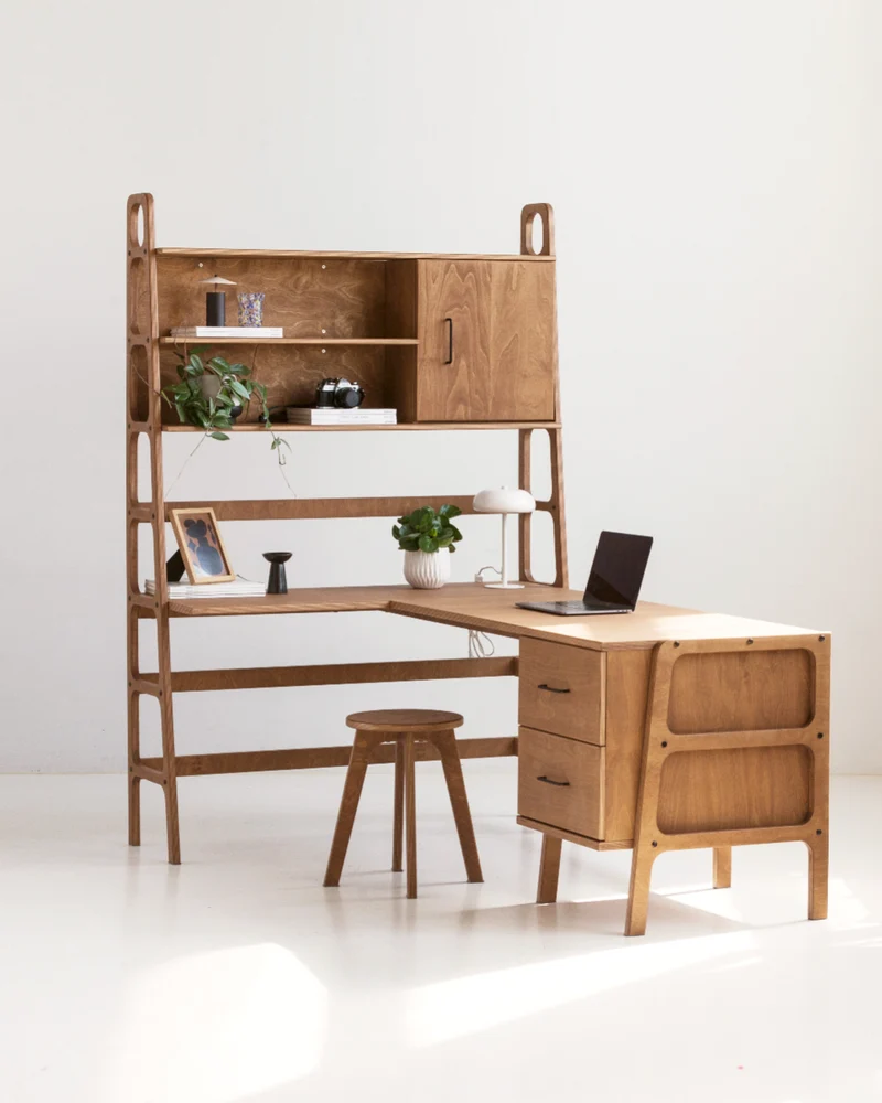 Mid-Century L-Shape Desk with Bookcase · 190 cm