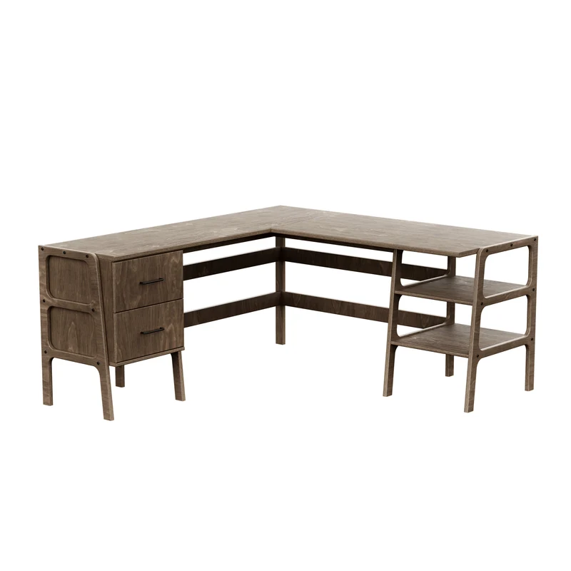 Mid-Century L-Shape Desk · 2 Drawers & 2 Shelves · 49/65