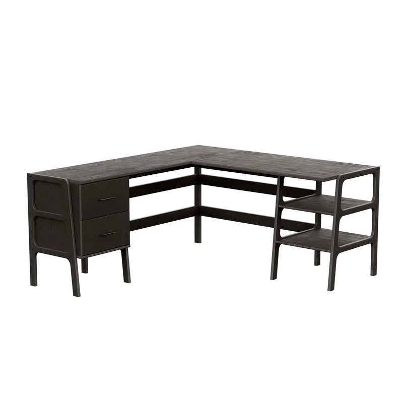 Mid-Century L-Shape Desk · 2 Drawers & 2 Shelves · 49/65