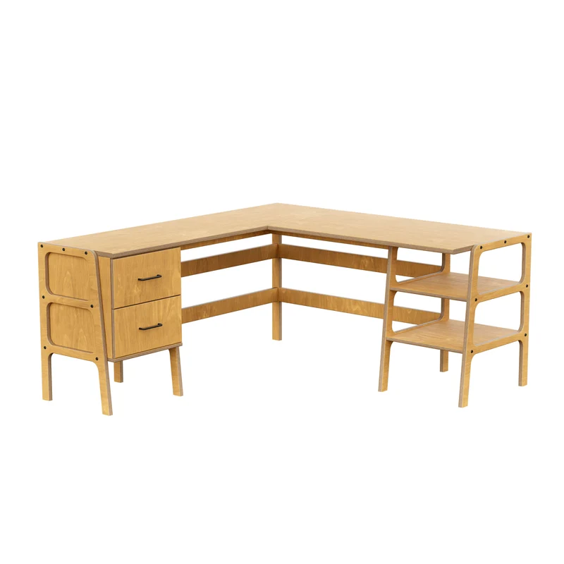 Mid-Century L-Shape Desk · 2 Drawers & 2 Shelves · 49/65
