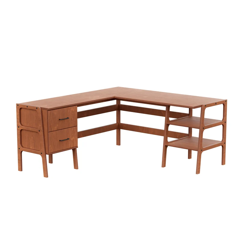 Mid-Century L-Shape Desk · 2 Drawers & 2 Shelves · 49/65