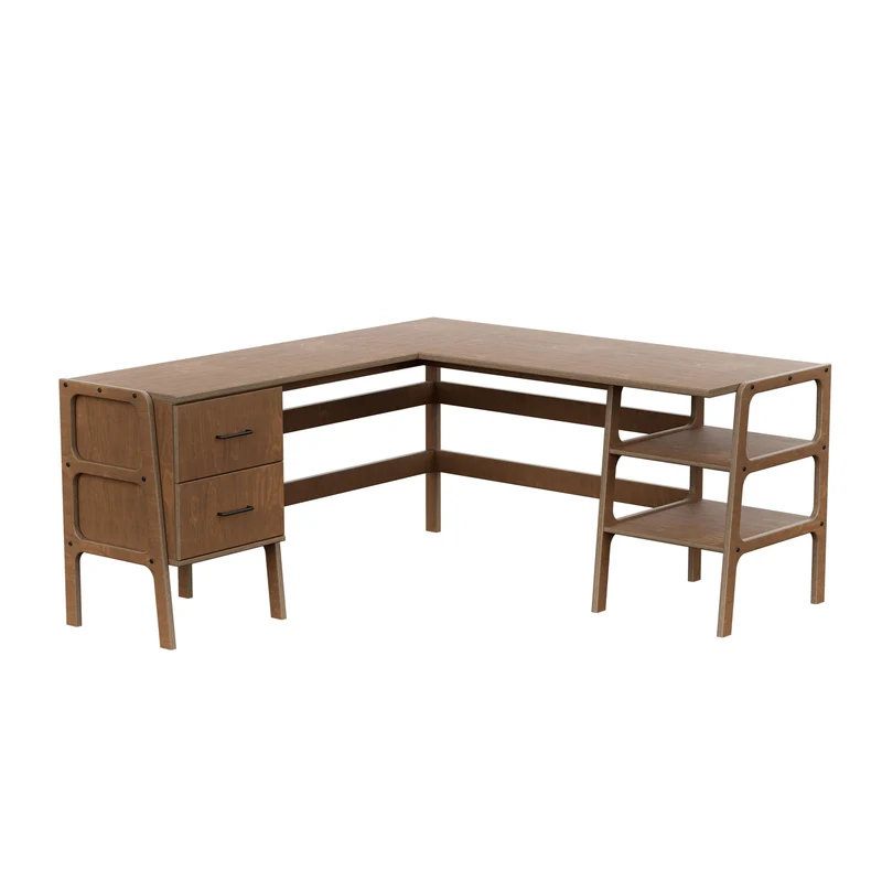 Mid-Century L-Shape Desk · 2 Drawers & 2 Shelves · 49/65