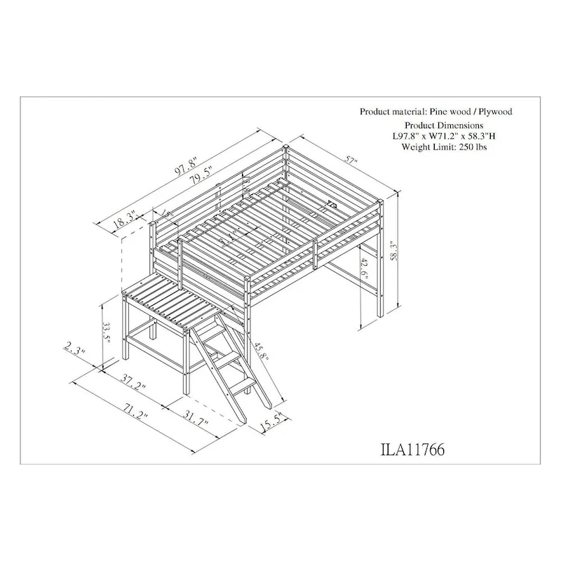 Lit mezzanine avec plateforme, échelle